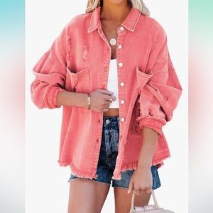 Women's Plus Size 2X Distressed Frayed Denim Jacket Coral Peach Ripped